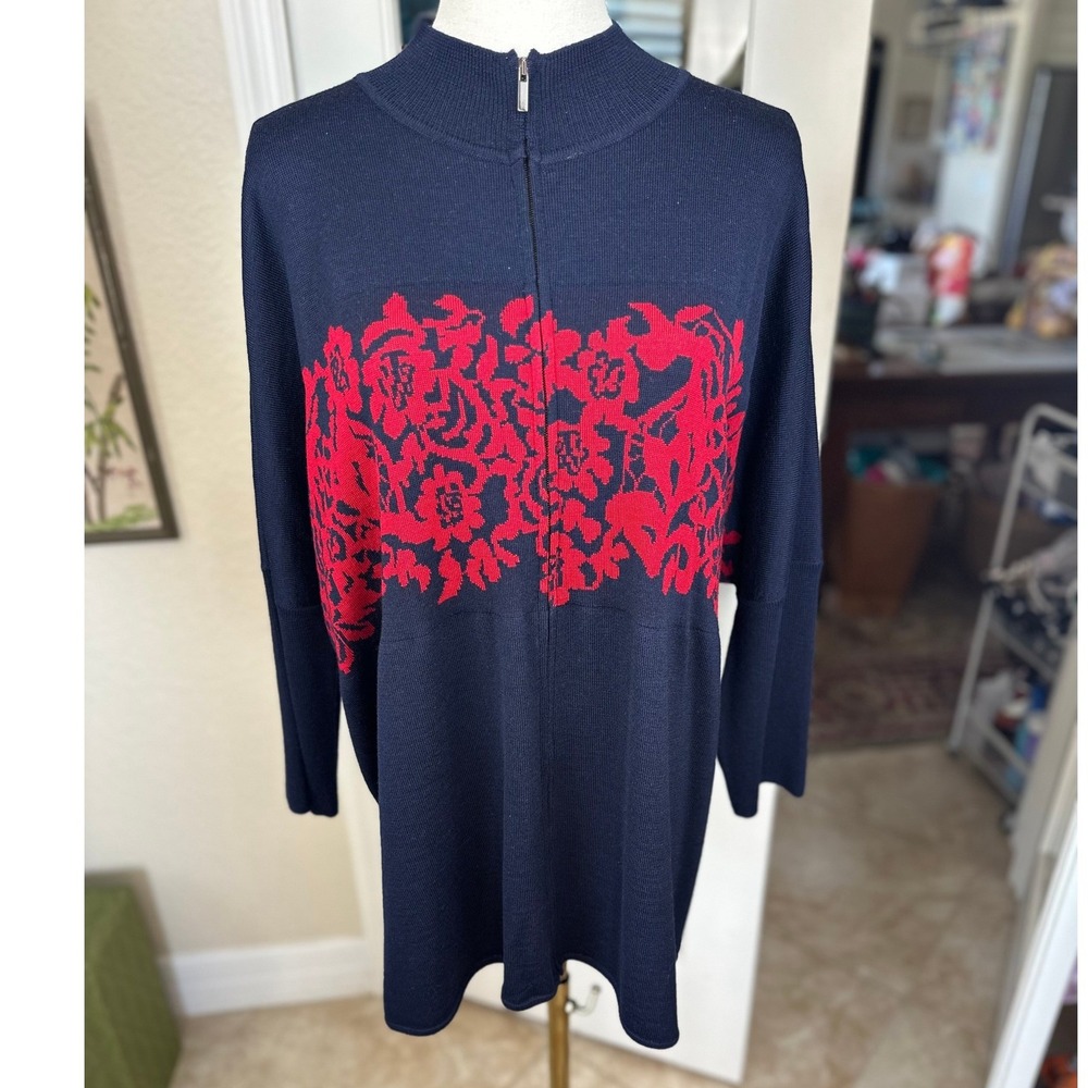 St. John NWT SZXL‎ Zip Front Cardigan Navy Blue Floral Intarsia Mock Neck Wool - Picture 5 of 15